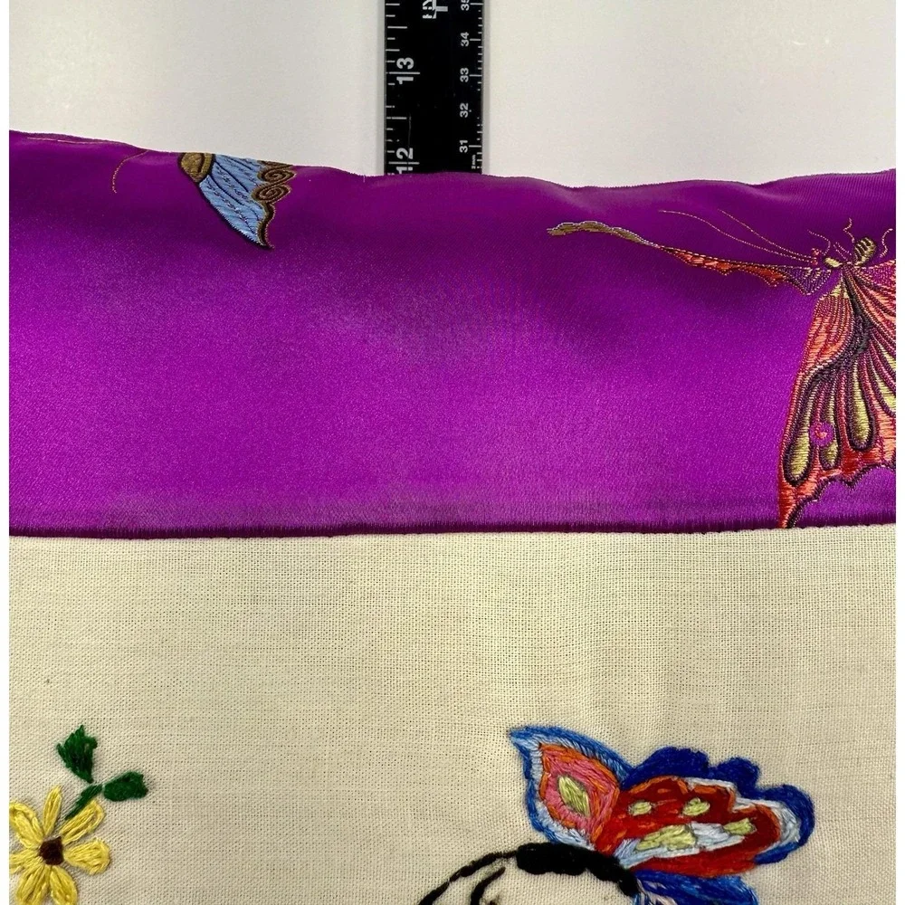 Handmade Embroidered Floral Butterfly Throw Pillow 12x12 Purple‎ Satin EUC